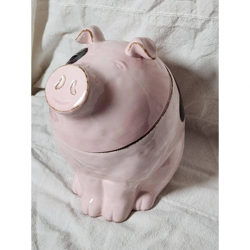 Pink Ceramic Pig Cookie Jar Hand Painted Spotted Farmhouse Kitchen Decor 9.5in